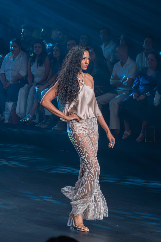 Taupe Halter Top with Intricately Embroidered Flared Pants