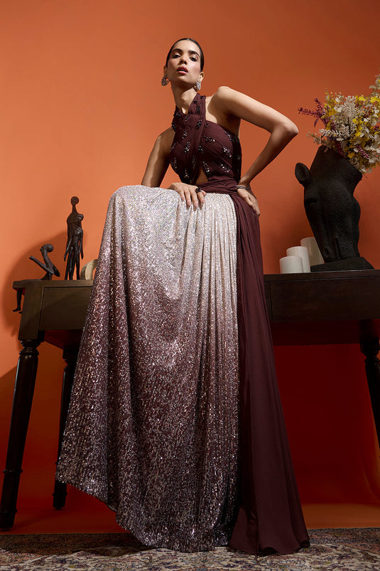 Halter Ombré Drape Gown