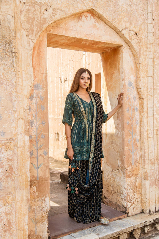 Soniya G - Peplum Top Kurti Paired With Velvet Dhoti Set