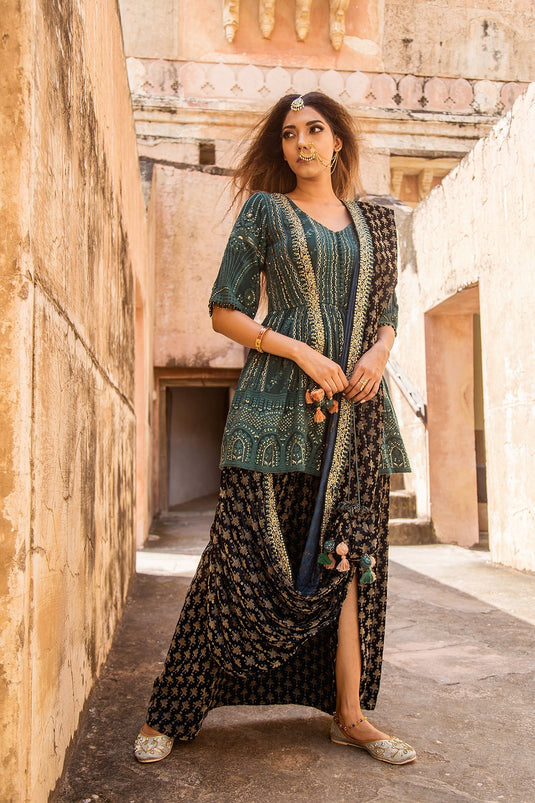 Soniya G - Peplum Top Kurti Paired With Velvet Dhoti Set