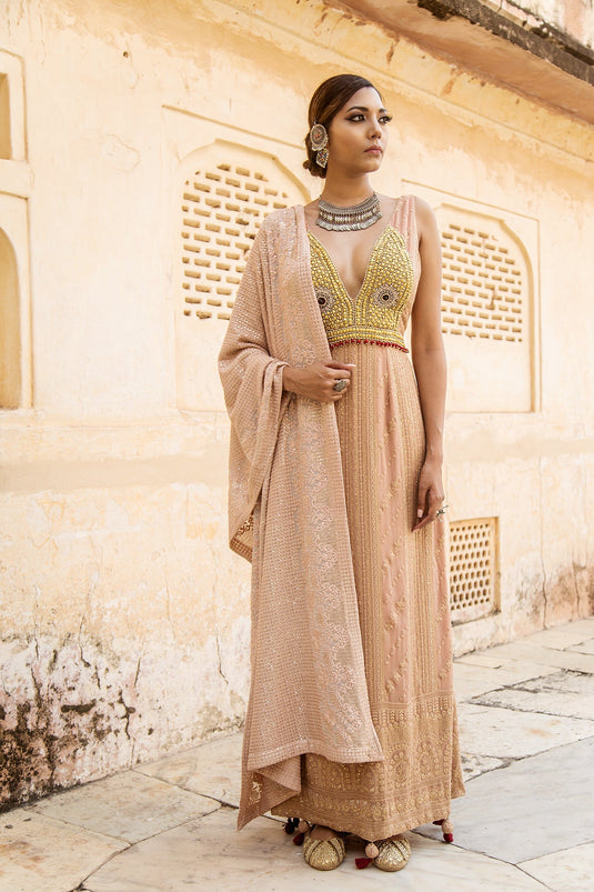 Soniya G - Peach Embroidered Lucknowi Chikankari Lehenga Set