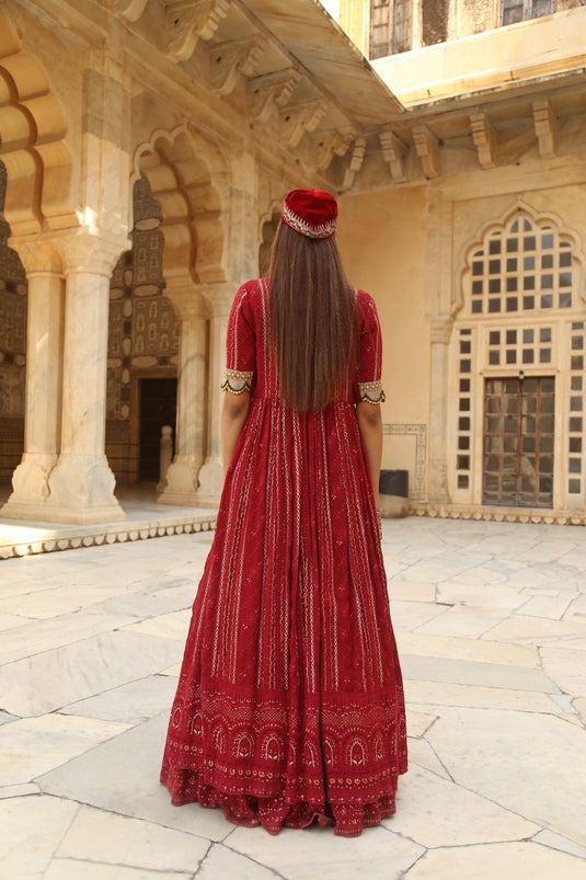 Soniya G - Red Embroidered Lucknowi Chikankari Lehenga & Cape Set