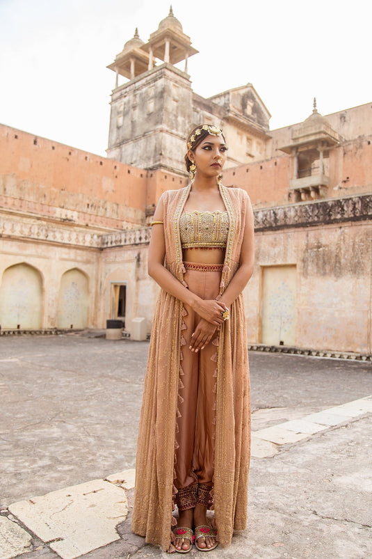Soniya G - Peach Embroidered Poncho Set