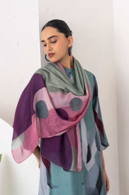 Salmon Pink & Wine Thin Chanderi Printed Stole (1 PC)