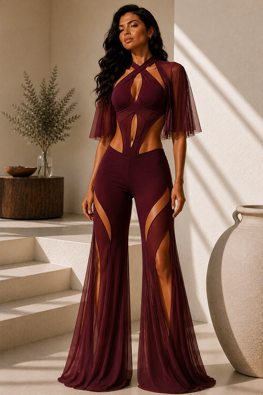 Burgundy Mesh Cut-Out Jumpsuit with Cross-Back Halter Neck & Flared Wide-Leg Trousers