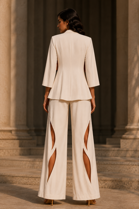 Women’s Taupe Draped Top with Ivory Blazer & Cut-Out Wide-Leg Co-Ord Set