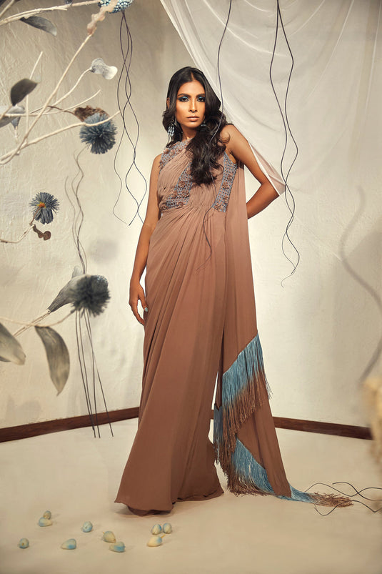 Coffee Pre-Draped Saree