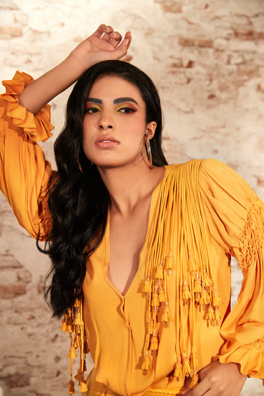 Yellow Jumpsuit with Shell Tuck Sleeves