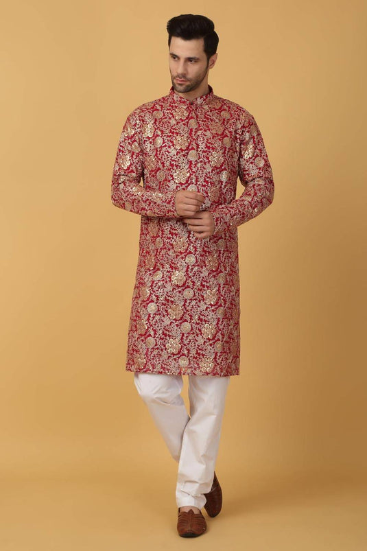 Zar Firdaus Embroidered Kurta Pants Set - Festive Red