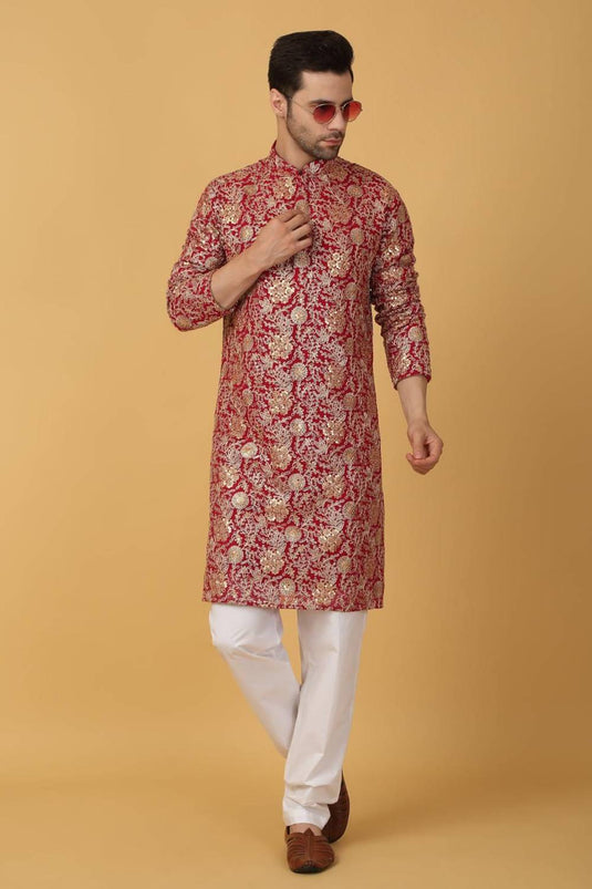 Zar Firdaus Embroidered Kurta Pants Set - Festive Red