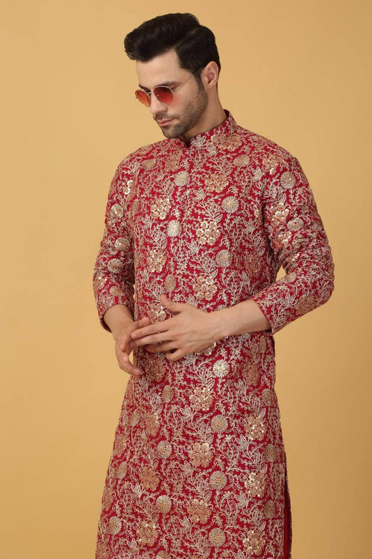 Zar Firdaus Embroidered Kurta Pants Set - Festive Red