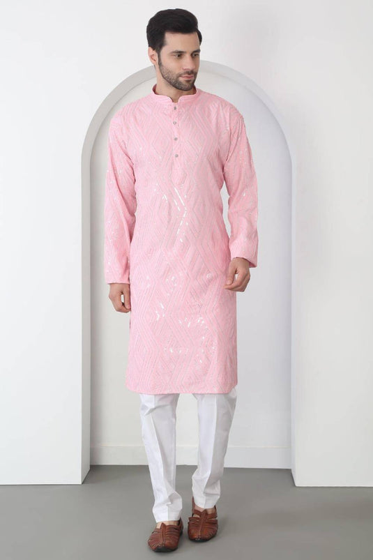 Chandra Barfi Pastel Pink Cotton Embroidered Thread Barfi Kurta Set