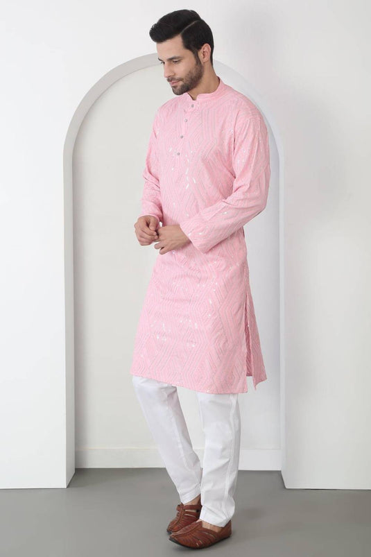Chandra Barfi Pastel Pink Cotton Embroidered Thread Barfi Kurta Set
