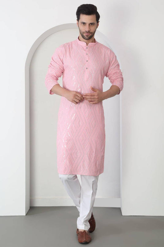 Chandra Barfi Pastel Pink Cotton Embroidered Thread Barfi Kurta Set