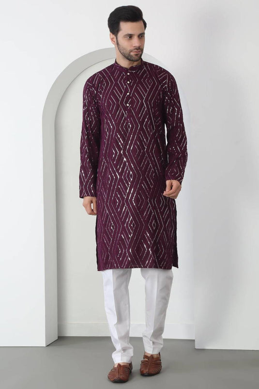 Chandra Barfi Wine Cotton Embroidered Thread Barfi Kurta Set