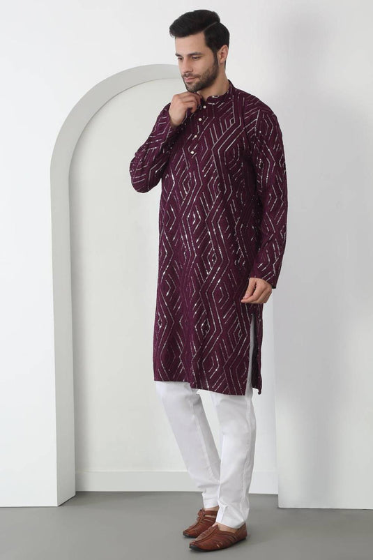 Chandra Barfi Wine Cotton Embroidered Thread Barfi Kurta Set
