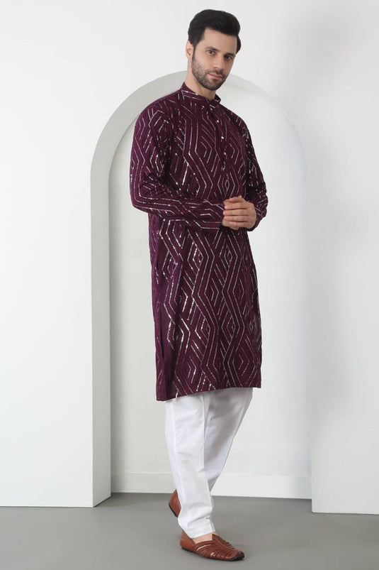 Chandra Barfi Wine Cotton Embroidered Thread Barfi Kurta Set