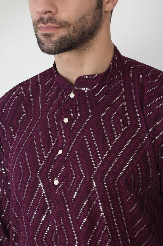 Chandra Barfi Wine Cotton Embroidered Thread Barfi Kurta Set