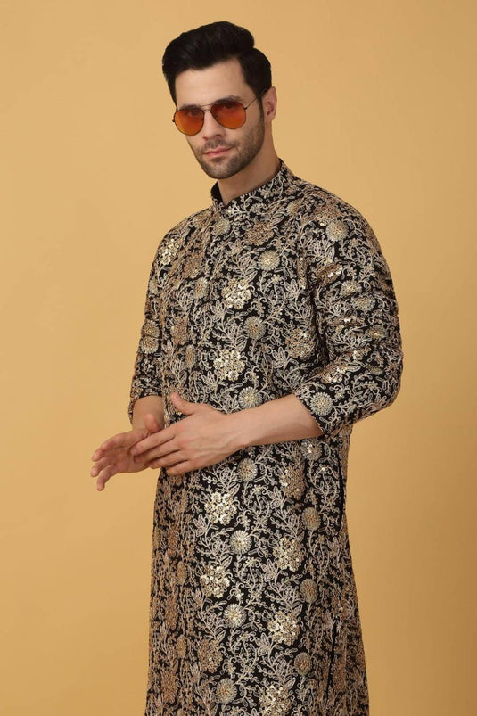 Zar Firdaus Embroidered Kurta Pants Set - Festive Black