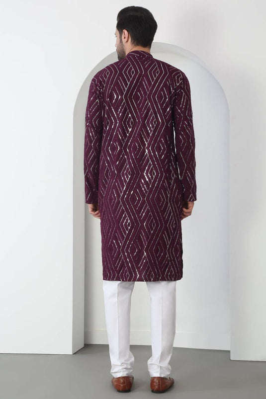 Chandra Barfi Wine Cotton Embroidered Thread Barfi Kurta Set