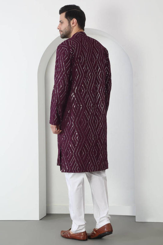 Chandra Barfi Wine Cotton Embroidered Thread Barfi Kurta Set