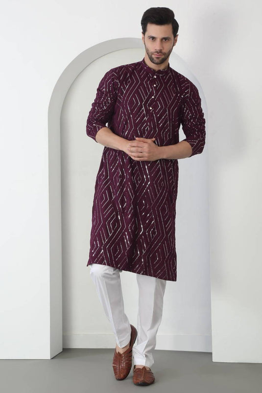 Chandra Barfi Wine Cotton Embroidered Thread Barfi Kurta Set