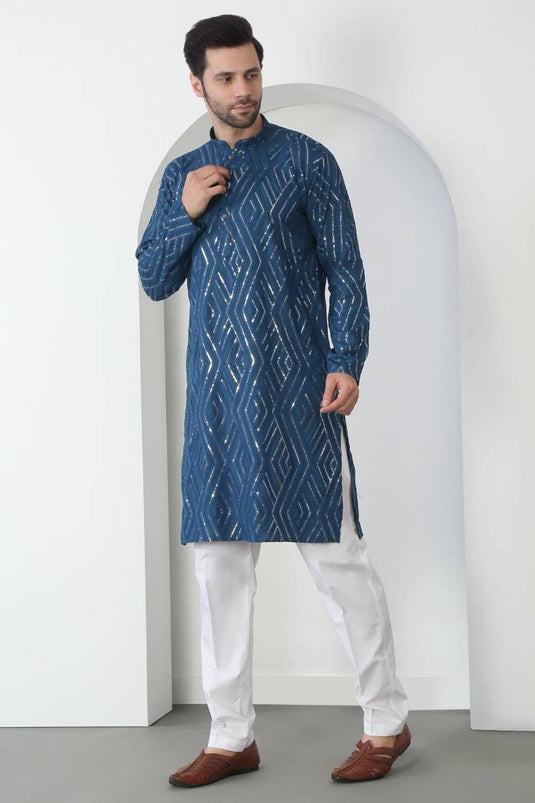 Chandra Barfi Blue Cotton Embroidered Thread Barfi Kurta Set