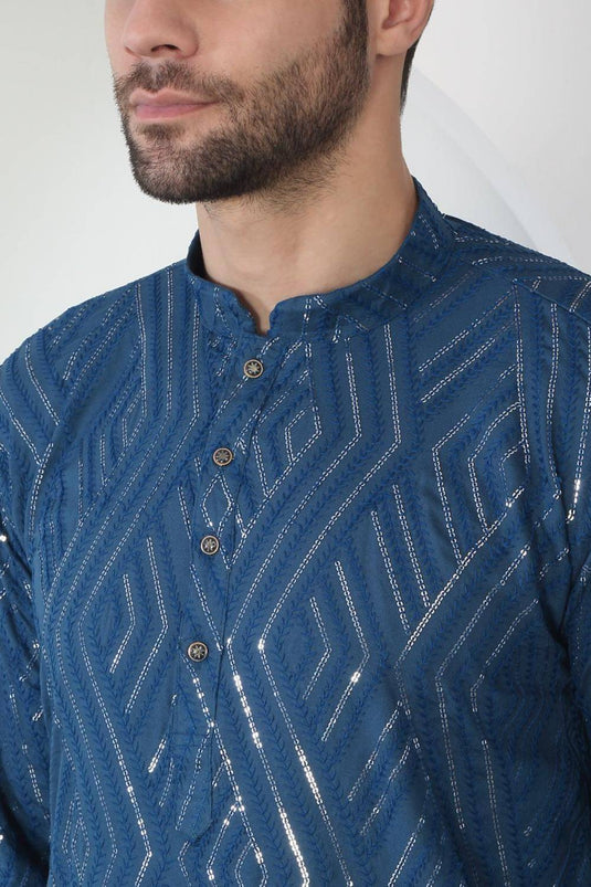 Chandra Barfi Blue Cotton Embroidered Thread Barfi Kurta Set