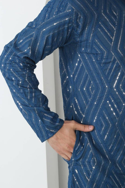Chandra Barfi Blue Cotton Embroidered Thread Barfi Kurta Set