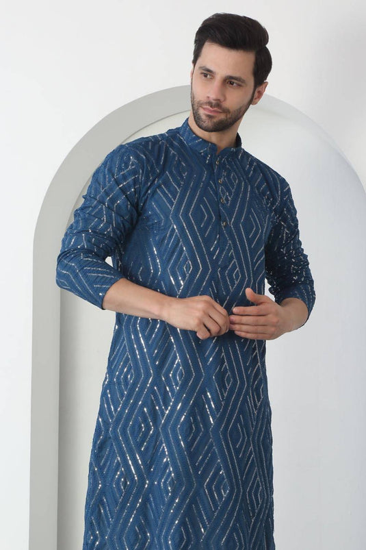 Chandra Barfi Blue Cotton Embroidered Thread Barfi Kurta Set