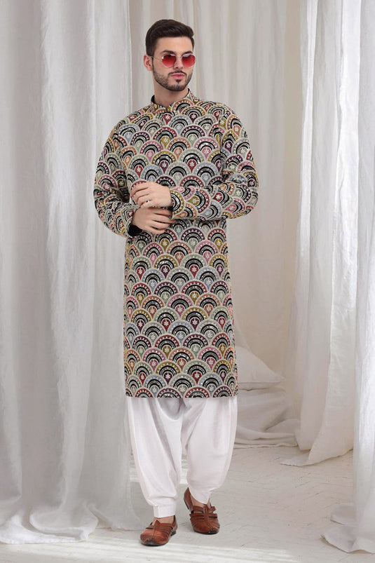 Chandravali Multi Color Scallop FloralKurta With Patiala - Black
