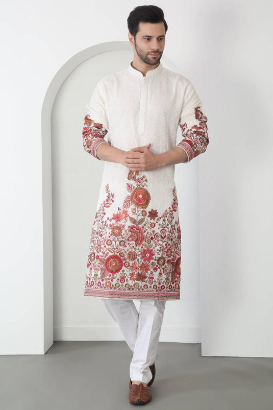 Kalki White Cotton Embroidered Floral Thread Kurta Set
