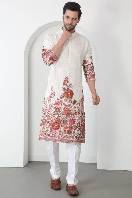 Kalki White Cotton Embroidered Floral Thread Kurta Set