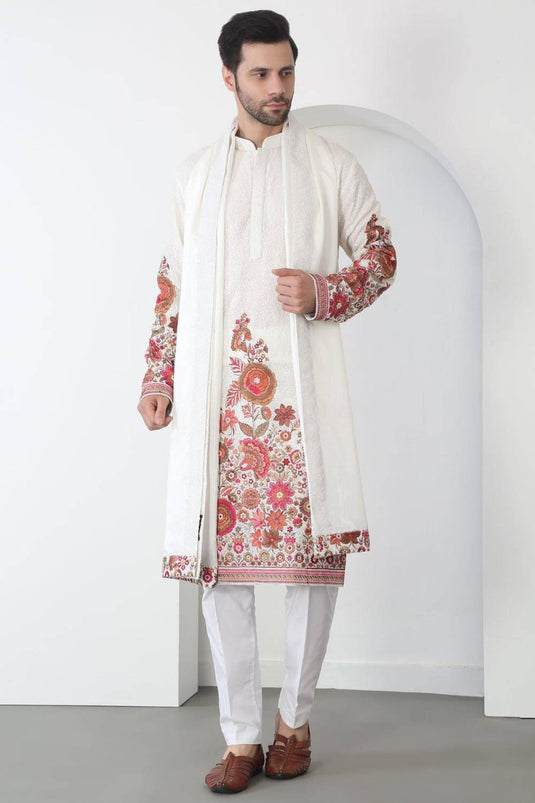 Kalki White Cotton Embroidered Floral Thread Kurta Set