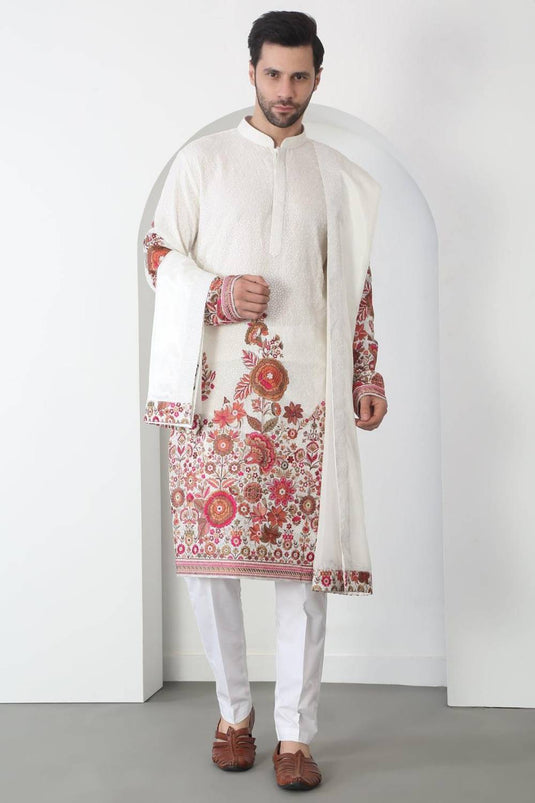 Kalki White Cotton Embroidered Floral Thread Kurta Set