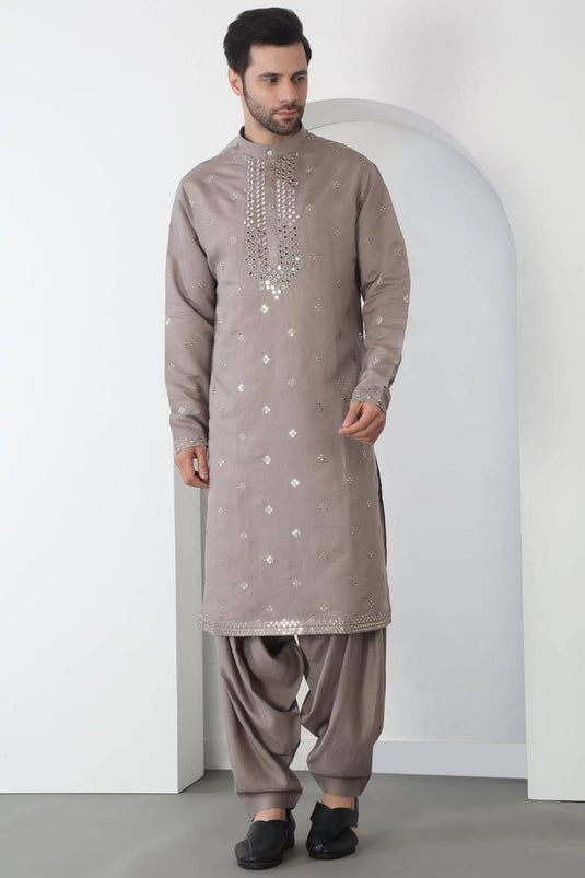 Aham Grey Cotton Embroidered Thread Grey Mirror Kurta Patiala Set