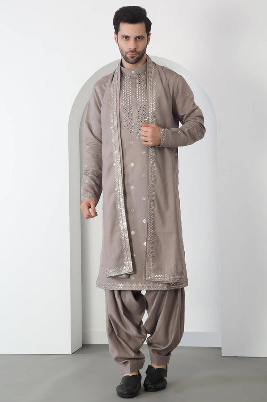 Aham Grey Cotton Embroidered Thread Grey Mirror Kurta Patiala Set