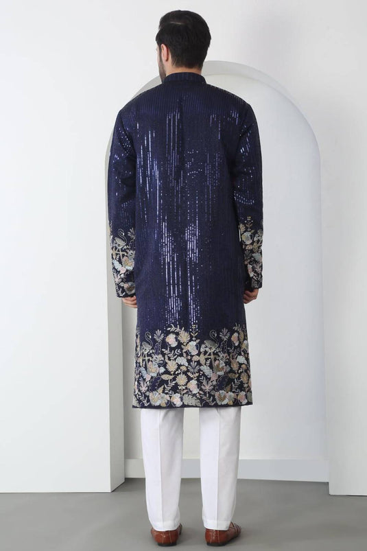 Neelkamal Dark Blue Cotton Embroidered Floral Thread Kurta Set With Dupatta