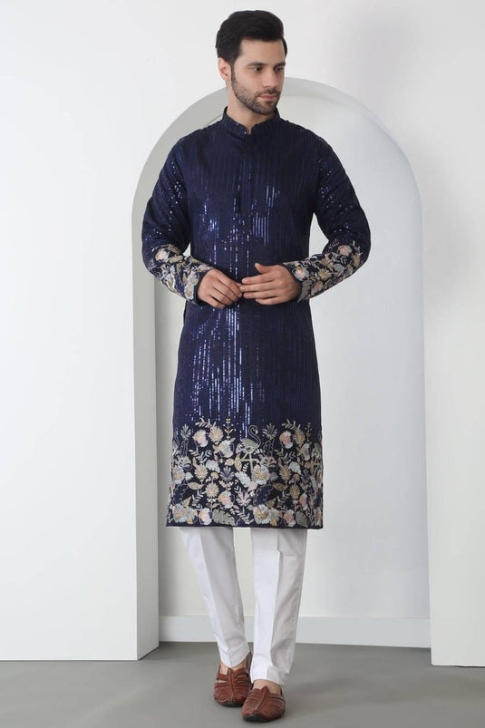 Neelkamal Dark Blue Cotton Embroidered Floral Thread Kurta Set With Dupatta
