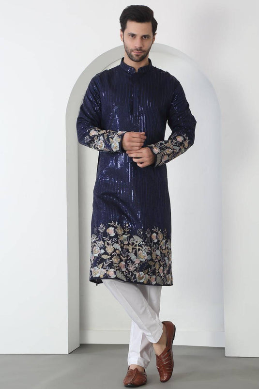 Neelkamal Dark Blue Cotton Embroidered Floral Thread Kurta Set With Dupatta