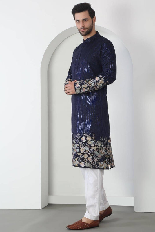 Neelkamal Dark Blue Cotton Embroidered Floral Thread Kurta Set With Dupatta