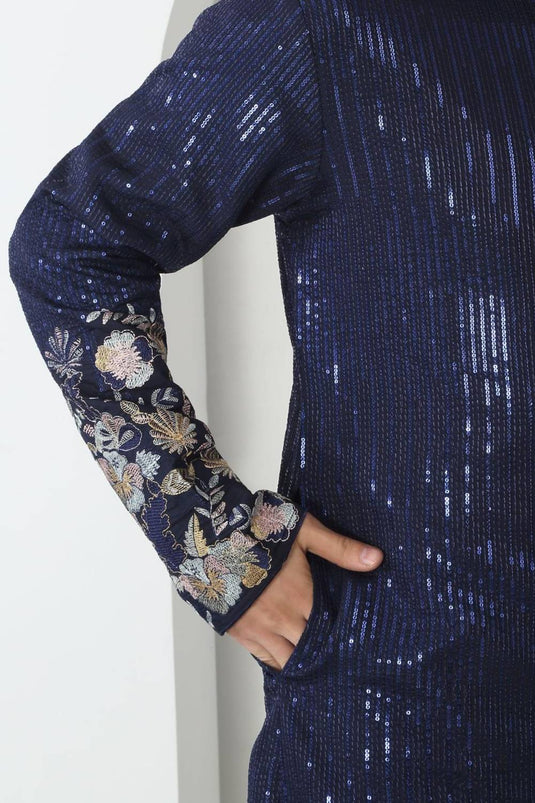 Neelkamal Dark Blue Cotton Embroidered Floral Thread Kurta Set With Dupatta