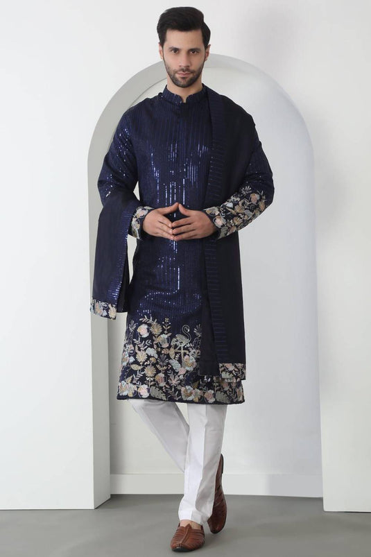 Neelkamal Dark Blue Cotton Embroidered Floral Thread Kurta Set With Dupatta