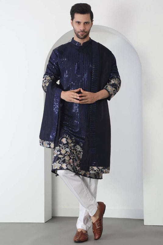 Neelkamal Dark Blue Cotton Embroidered Floral Thread Kurta Set With Dupatta