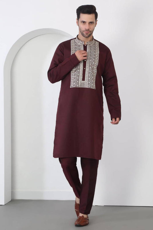 Nawaab Embroidered Kurta Dupatta Pants Set - Dark Wine