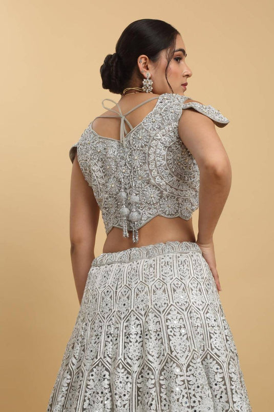 Chandra Kiran Silver Mirror Embroidered Lehenga Set