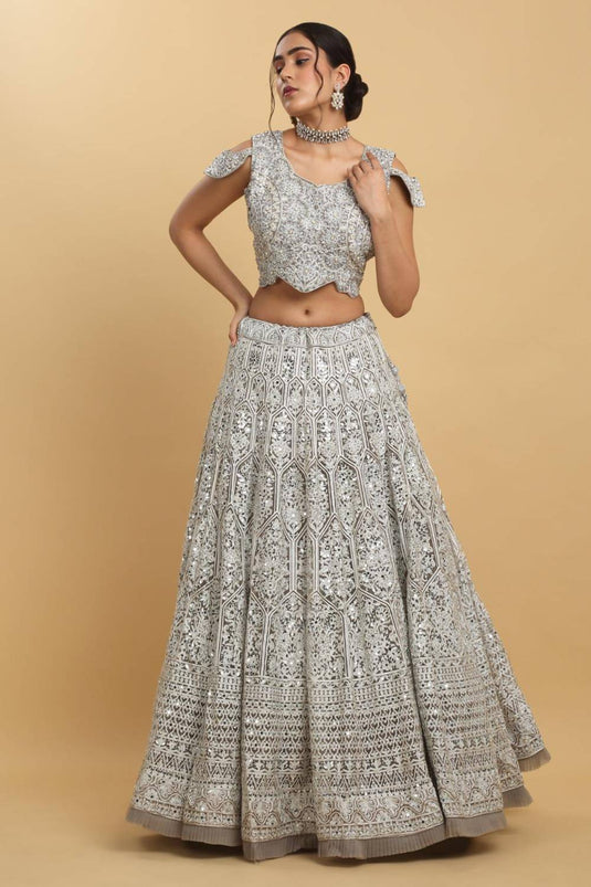 Chandra Kiran Silver Mirror Embroidered Lehenga Set