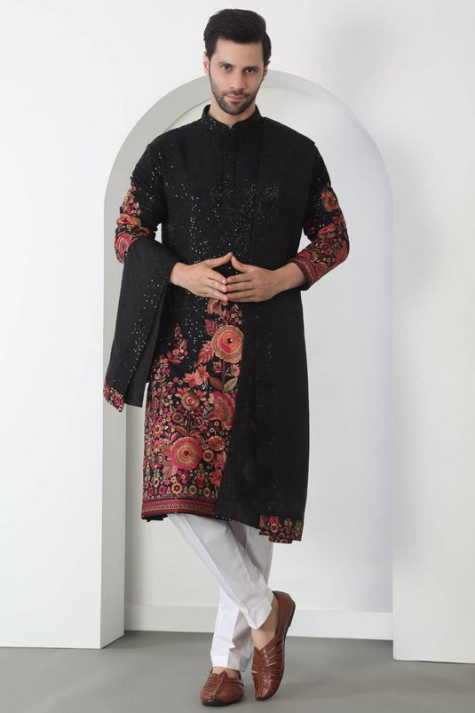 Kalki Black Cotton Embroidered Floral Kurta Set