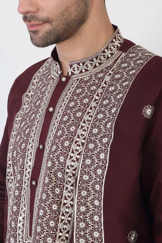 Nawaab Embroidered Kurta Dupatta Pants Set - Dark Wine