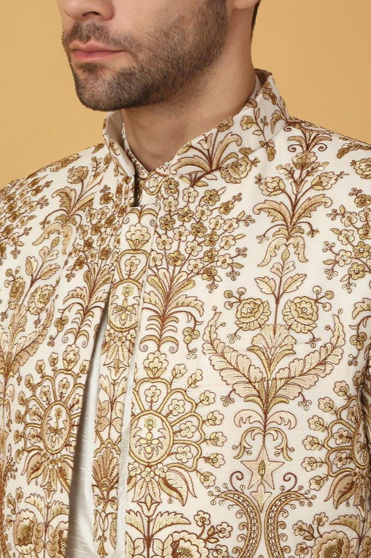 Nizam Embroidered Indo Western Jacket Set - Ivory